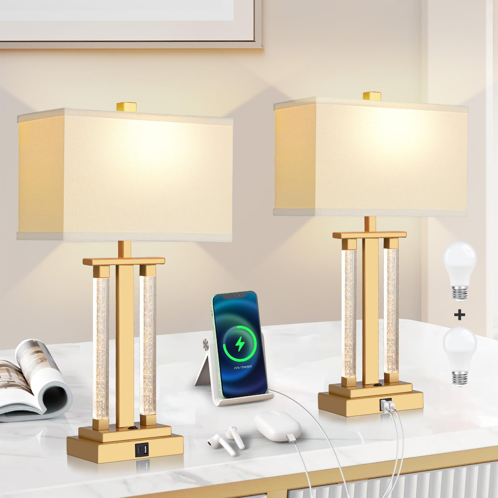 Photo 1 of Gold Lamps Set of 2, 3-Way Lighting Modes Bedside Lamps for Nightstand, Bedroom Table Lamps with USB Charging Port & Type C, 23" Gold Table Lamp for Living Room, 2 Bulbs Included
