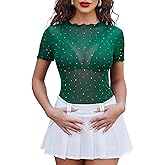Avidlove Women Mesh Tops Short Sleeve Rhinestone Shirts Sheer Blouse Sexy Going Out Tops Sparkly Party Tops Summer