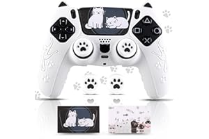 SoAegis Cute White Cat-Ear Controller Skin Set, Silicone Controller Cover for PS5 Wireless Grip, Comes with 2 PS5 Thumb Grips