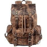 WUDON Leather Backpack for Men, Waxed Canvas Shoulder Rucksack Carry-On Travel Backpack