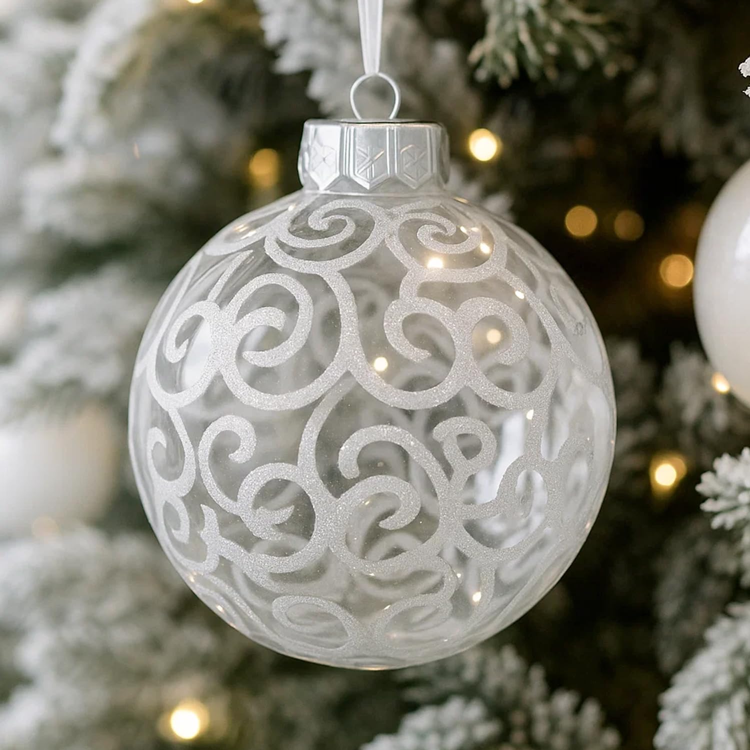 SLEETLY White Swirl Transparent Clear Baubles for Farmhouse Christmas Tree Holiday Xmas Decorations - Extra Large Shatterproof Plastic 120mm Balls and Snowflake Ornaments, 8-Piece Set