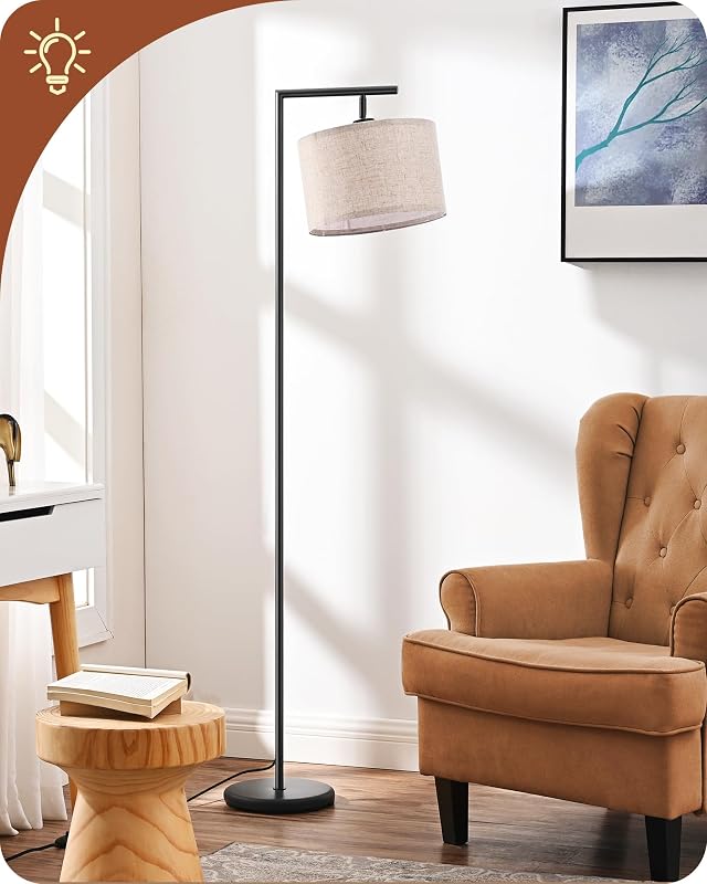 Lampada da Terra per Soggiorno con Paralume in Lino Beige con Angolo Regolabile, Attacco E27, Lampadine Non Incluse, Lampada da Terra in Metallo con Interruttore a Pedale