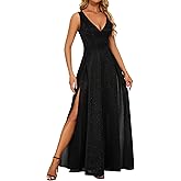 StarRovelex Formal Dress Elegant Evening Long Black Dress for Women Party V Neck High Slit Wedding Guest Dress