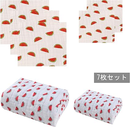 Amazon ベビーバスタオル ベビー フェイスタオル おしぼり 6層ガーゼ 綿100 授乳ケープ 新生児 出産祝いにおすすめ 赤ちゃん 男の子 女の子 スカーフセット 7枚入り ガーゼハンカチ5枚 入浴ガーゼ2枚セット スイカ おくるみ ベビー マタニティ 通販