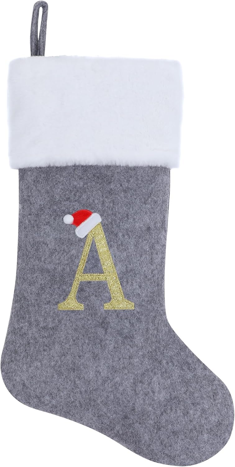 Stockings & Holders - Chisander 20 Inches Grey with White Super Soft Plush Christmas Stockings Personalized Embroidered Monogrammed Xmas Stocking Hanging Ornaments for Family Holiday Xmas Party Decorations（Letter A）