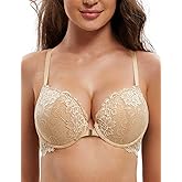 Deyllo Women's Front Closure Bras Lace Racerback Padded Push Up Bra Underwire Plunge