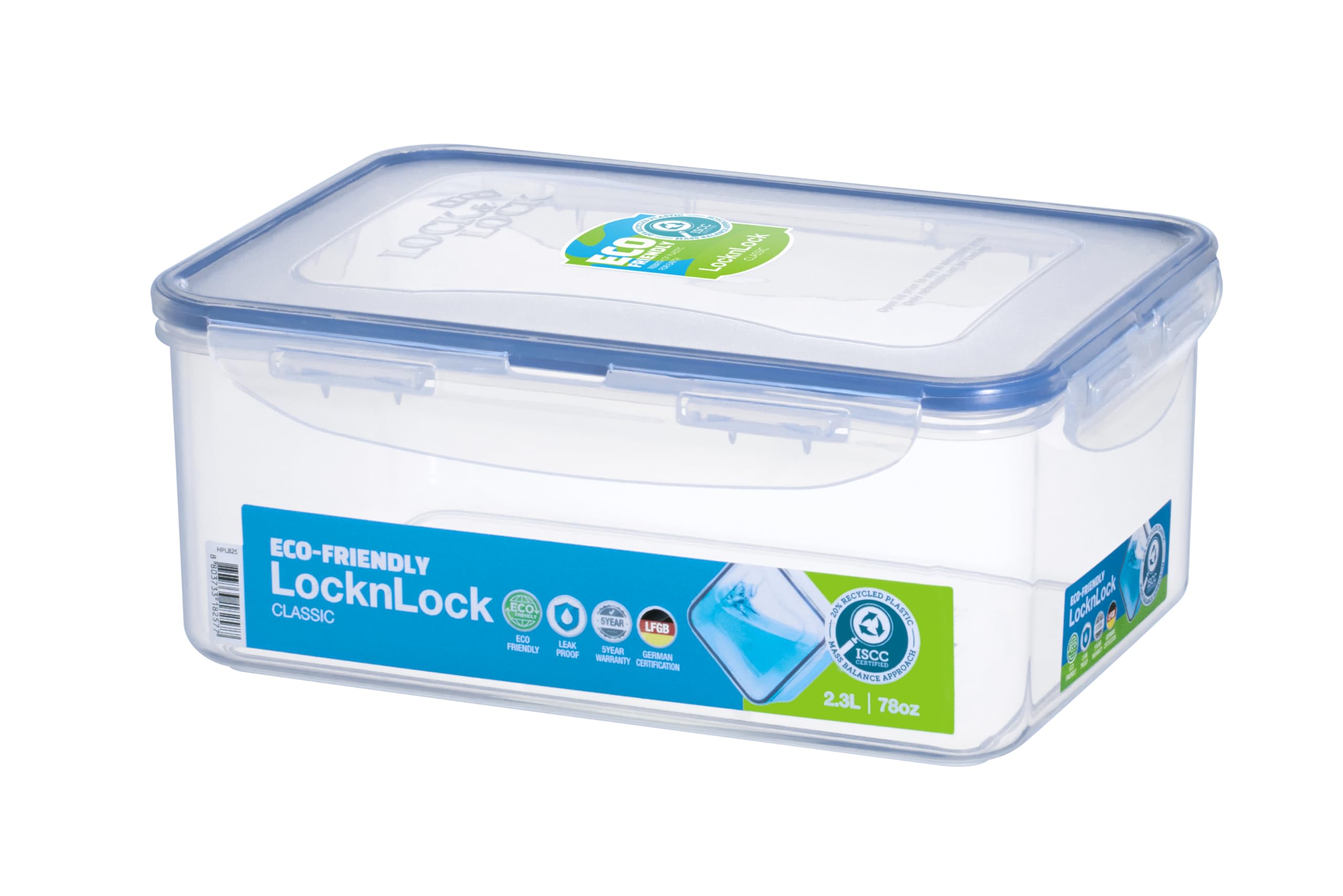 Lock & Lock HPL825 Classic Rectangular Food Container, 2.3L (232 x 165 x 95mm), Clear/Blue