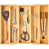 Umilife Expandable Kitchen Drawer Organizer, 2.5" High Bamboo Utensils Silverware Tray, Adjustable Large Deep Wood Organization Holder