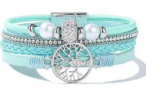 FANCY SHINY 4-in-1 Tree of Life Leather Bracelets Charm Braided Rhinestone Beaded Strands Stackable Boho Wrap Bracelet with Magnetic Closure Christmas Gift Inspirational Spiritual Jewelry for Women