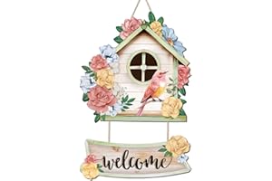 CHDITB Welcome Spring Wooden Sign, Floral Birdcages Wooden Hanging Plaque, Pink Birds Flowers Front Door Hanger, Spring Sign 