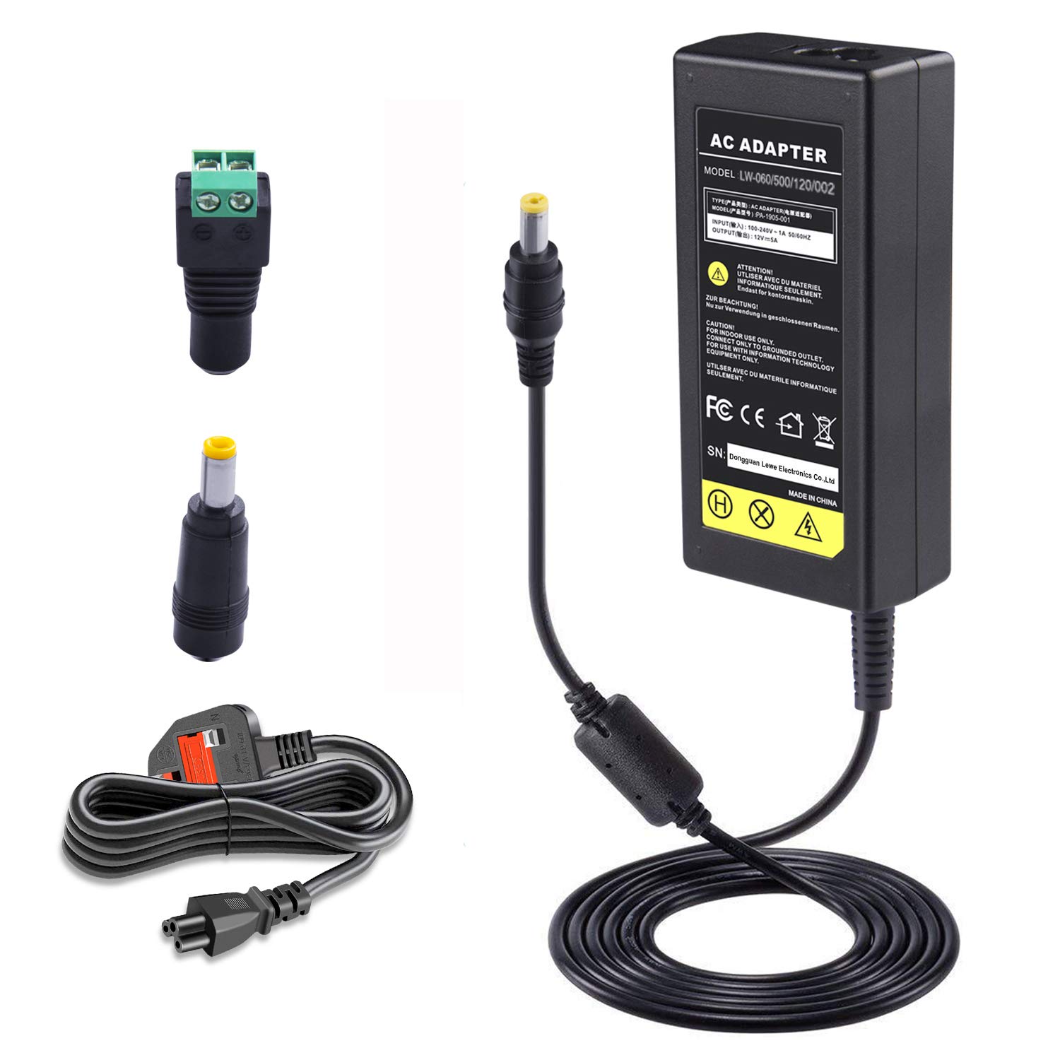 ARyee 12V 5A Power Supply Adapter Universal Charger Compatible with LED Strips Lights, CCTV Security Cameras, LCD Monitors, wireless router, audio/video power supply(5.5x2.1/2.5mm)