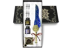 TIANREN Feather Pen and Ink Set,quill pen ink set,Antique Calligraphy Pen with 4 Replaceable Nibs,2 Bottle of ink,Pen Holder Christmas Gift for Men&Women.(Blue)