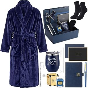 Sieral 9 Pcs Men Bulk Gifts Set, Care Package for Men Dad with Bathrobe, Socks, Tumbler, Notebook, Pen, Bookmark, Candle, Car