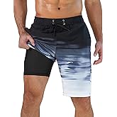 SILKWORLD Mens Swim Trunks with Compression Liner Quick-Dry 10" Stretch Beach Shorts