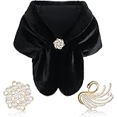 Geyoga Faux Fur Shawl Wrap Stole Shrug Winter Bridal Wedding Scarf Wrap with Faux Pearl Rhinestone Brooches for Women 1920s
