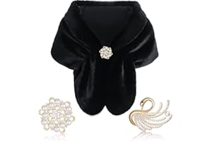 Geyoga Faux Fur Shawl Wrap Stole Shrug Winter Bridal Wedding Scarf Wrap with Faux Pearl Rhinestone Brooches for Women 1920s