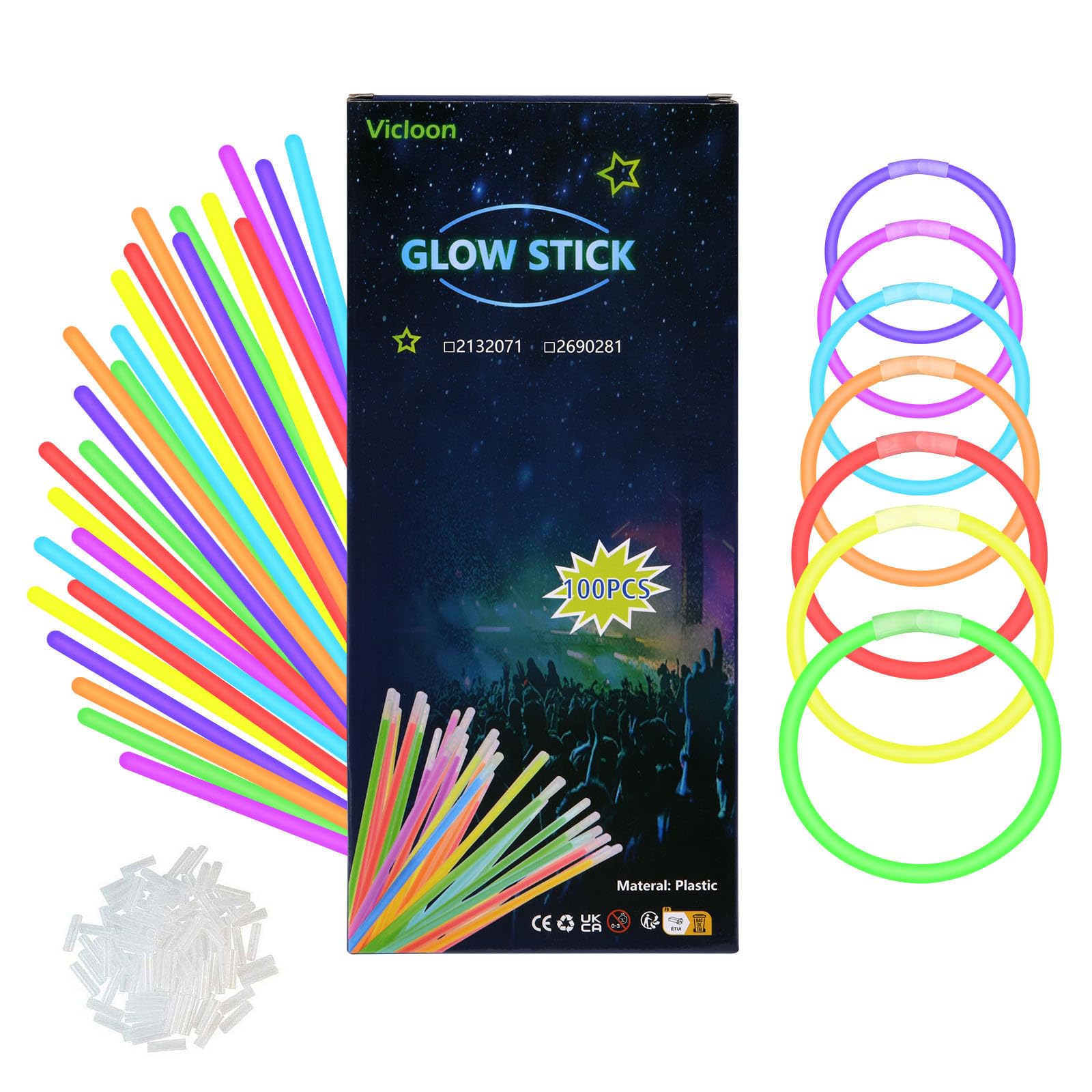 Vicloon 100 Glow Stick, Glow Party Supplies with Connectors to Make Glow Necklaces, Neon Bracelets, Mixed Color Light Sticks, Suitable for Dance, Wedding Favors or Party Fillers