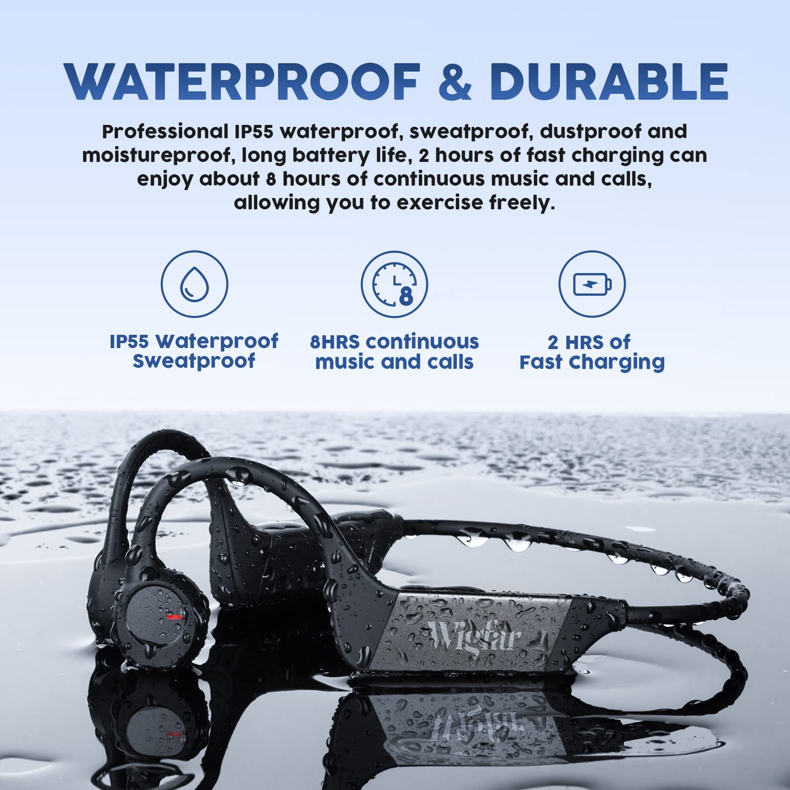 Wigfar Bone Conduction Headphones Bluetooth, Built-in 16GB Memory Bluetooth 5.3 Open Ear Headphones Wireless Bluetooth, Intelligent Voice Waterproof 8 Hr Battery Life for Running, Driving, Calling