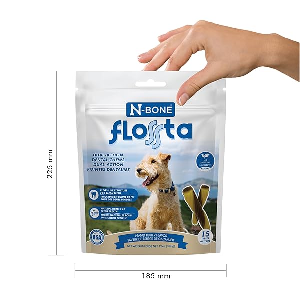 N-BONE FLOSSTA DUAL ACTION DENTAL CHEWS FOR DOGS, UNIQUE TWIST SHAPE FOR DEEP TEETH CLEANING AND PROACTIVE DENTAL CARE, PEANUT BUTTER FLAVOR, 15 COUNT 12-OZ BAG