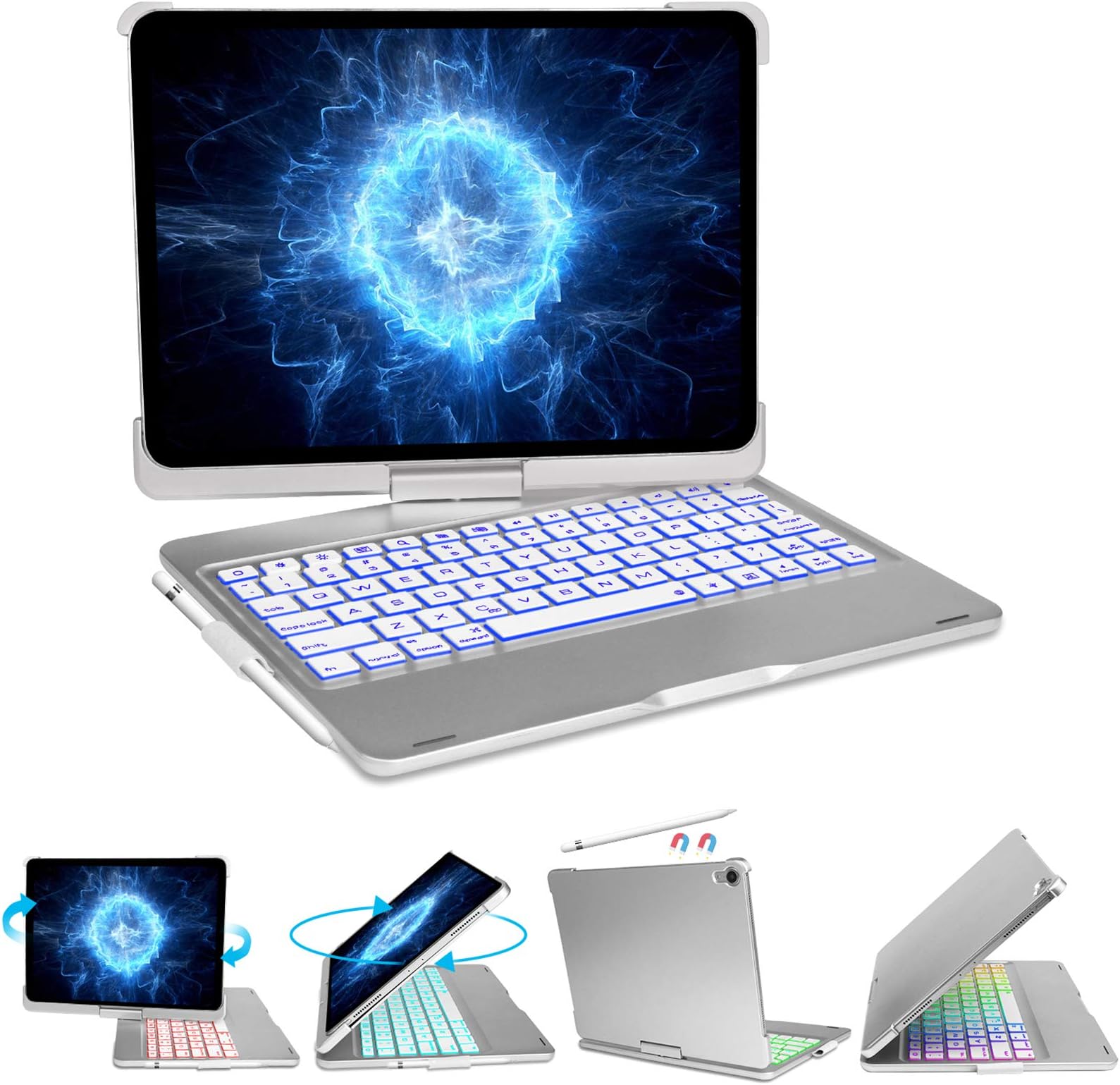 Keyboard Case for iPad Pro 11 inch 2018– 360° Rotatable Wireless Keyboard Case with 7 Color Backlit, Compatible with iPad 10.9”Air 4th Gen/iPad 11” 3rd Gen, Silver