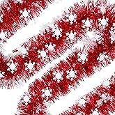 33Ft Christmas Tinsel Garland Xmas Tree Decorations Shiny Thick Red with Snowflake Christmas Metallic Twist Garland Ceiling Hanging Decor for Xmas New Year Party Indoor Outdoor Supplies