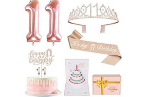 YEOHJOY 11th Birthday Decorations for Girls, Including 11th Birthday Sash and Tiara, 11 Candles and Cake Toppers, Rose Gold Balloons,3D Birthday Card, Barbie Birthday Gifts for 11 Birthday