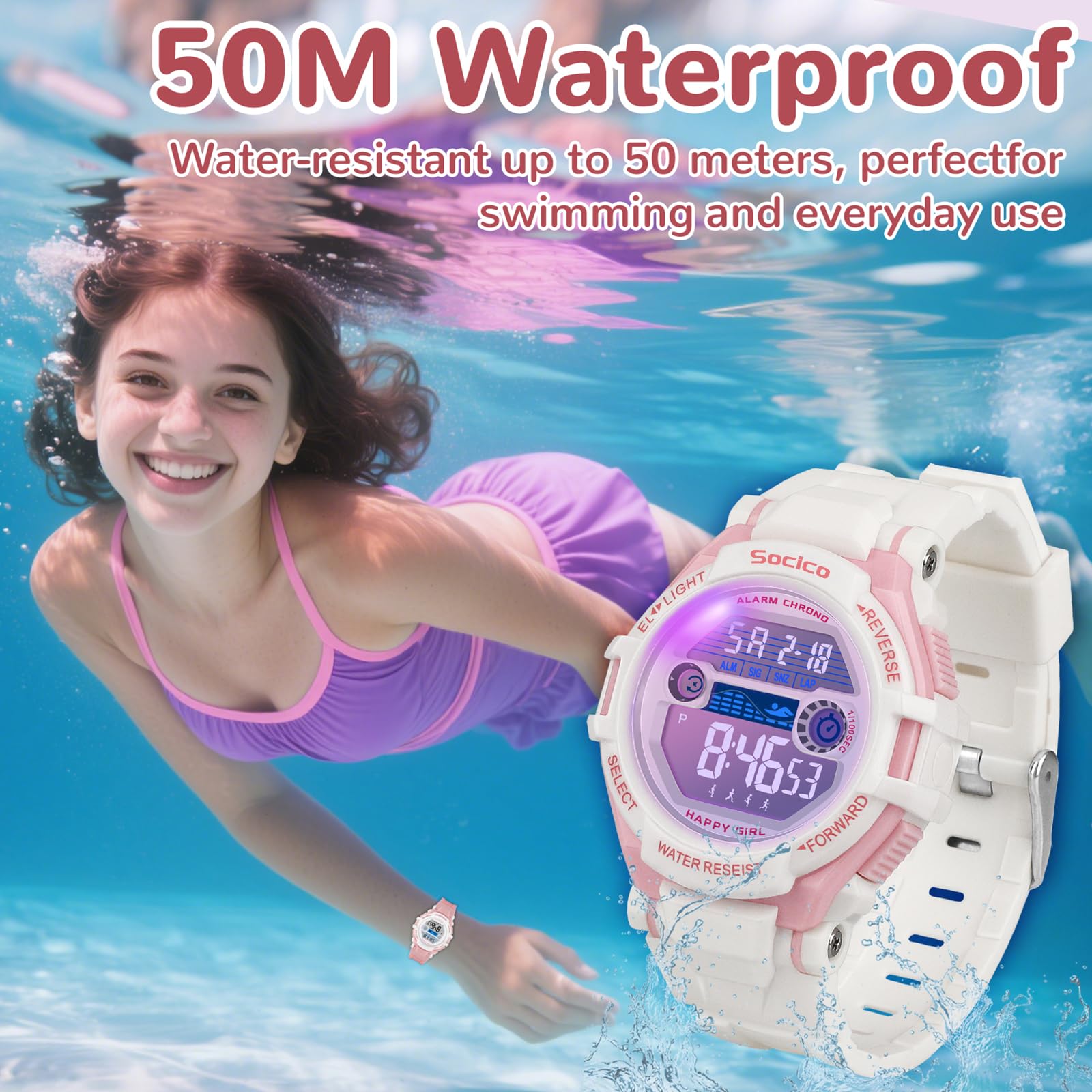 SOCICO Kids Digital Watch for Boys Girls, 50M Waterproof Sports Watch for Kids with 7 Color Backlight, Stopwatch, Alarm, Calendar, 2 Soft Silicone Straps, Great Birthday Christmas Gifts for Teens Aged 5-18