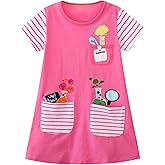 Hongshilian Little Girls Casual Cotton Dress Cartoon Print Short Sleeve Summer T-Shirt Skirt Dresses