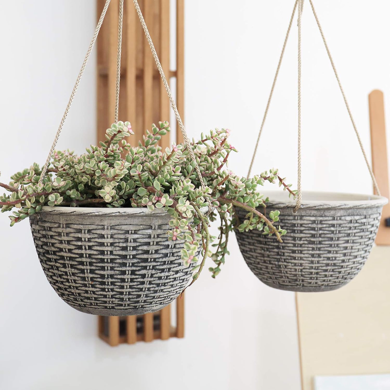 LA JOLIE MUSE Hanging Planters Indoor, 9.8 Inch Hanging Pots for Plants Indoor, Stone Color, Weave Pattern, Set of 2: Garden & Outdoor