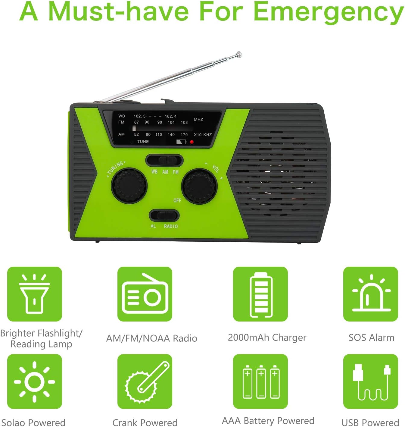 2020 Upgraded Emergency Solar Hand Crank Radio, RegeMoudal Hand Crank AM/FM/NOAA Weather Radio with Flashlight, Reading Lamp, 2000mAh Power Bank,USB Cell Phone Charger and SOS Alarm: Home Audio & Theater