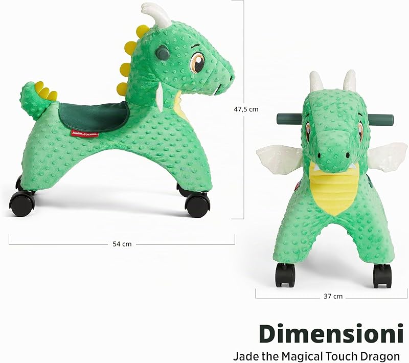 Jade il Drago Magico con luci e suoni interattivi, giocattolo tattile cavalcabile verde, per bambini da 1 a 3 anni
