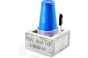 DRASTAR Disposable Cup Holder with Marker Slot, Mark Your Cup and Drink Up Caddy, Hosting Essentials Drink Holder for Party Bar, Vintage Wood Cup Holder for Kitchen Decor Hostess, Retro White