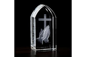 Christian Brands Home Décor - Cathedral Window-Shaped Laser Etched Glass Block by Jeweled Cross, 1.5" W x 3.25" H, Praying Hands