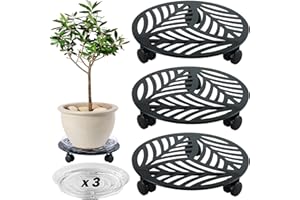 PLANTERHOMA 3 Packs Large Metal Plant Caddy with 3 PU Wheels 12" Heavy-duty Wrought Iron Rolling Plant Stands Indoor Outdoor Wheeled Plant Dolly Planter Mover Rollers Plant Trolley Cart, Plant Saucers Included