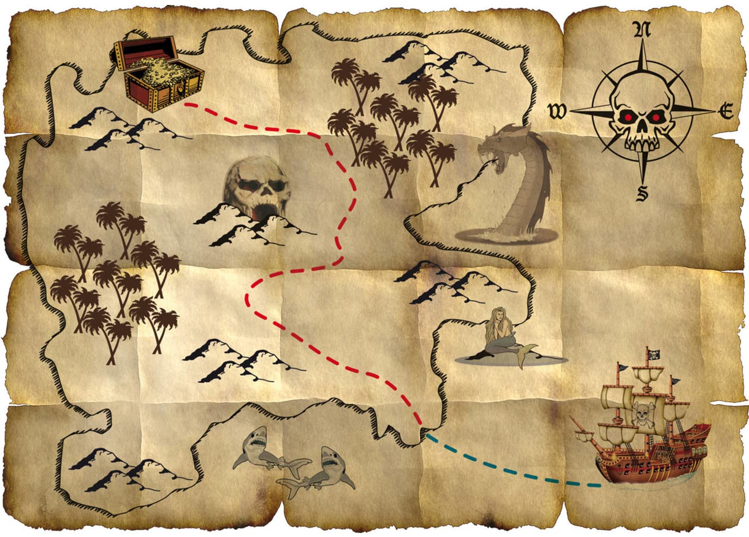 Folat 07659 Red Pirate Treasure Map-4 Pieces