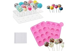 HiYZ Silicone Cake Pop Mold Set,12 Cavity Lollipop Maker Kit,100pcs Cake Pop Stick,15-Hole Acrylic Lollipop Holder for Baking Lollipop, Hard Candy, Cake and Chocolate, for Beginners Small Party