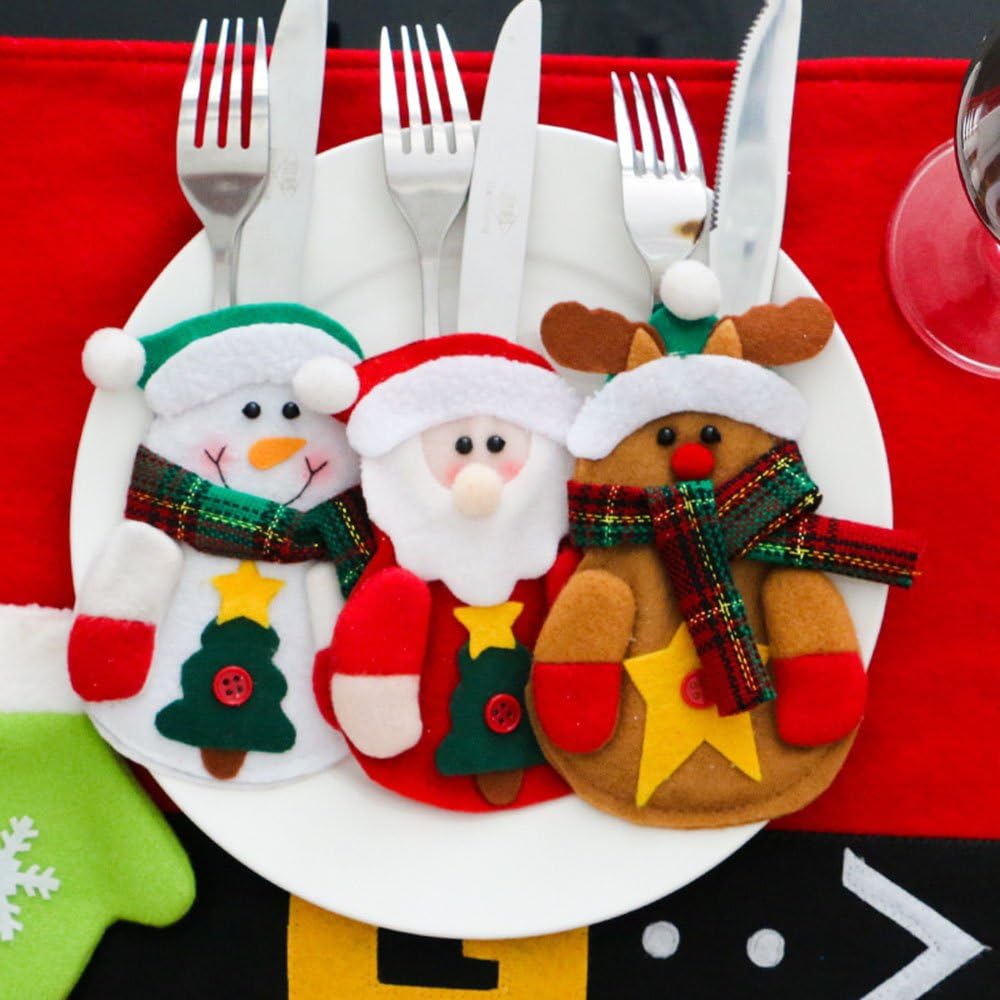 Kitchen Christmas Cutlery Suit Silverware Holders Pockets Knifes Forks Bag 6pcs Christmas Decoration Tableware Santa Claus Snowman Reindeer Clothes Cutlery Sets Party Christmas Gift