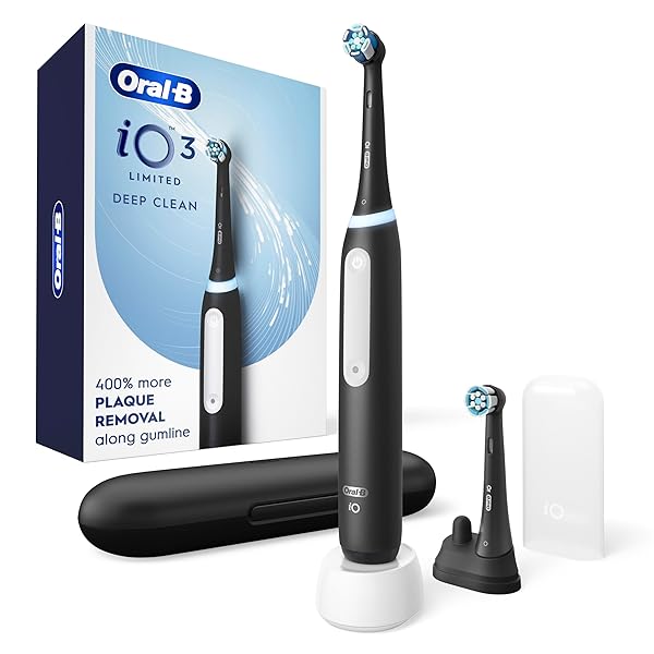 ORAL-B IO DEEP CLEAN RECHARGEABLE ELECTRIC TOOTHBRUSH, BLACK, IO SERIES 3 LIMITED, 2 BRUSH HEADS, TRAVEL CASE, PRESSURE SENSOR, 3 CLEANING SETTINGS