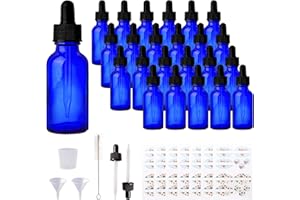 Comrzor 24 Pack 1oz Cobalt Blue Glass Bottles with Glass Eye Droppers for Essential Oils, Perfumes & Lab Chemicals (Brush, Funnels, 2 Extra Droppers, 36 Pieces Labels & 30ml Measuring Cup Included)