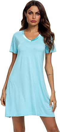 Amazon Com Tiktik Camison Modal Para Mujer Cuello En V Manga Corta Holgada Comoda Ropa De Dormir S 4xl Aqua Xl Clothing