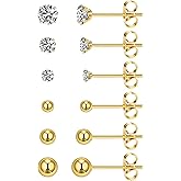 HANCAO 6 Pairs Extra Long Post Earrings Lightweight Small 316L Stainless Steel Stud Earrings for Women Hypoallergenic Cubic Zirconia Ball Ear Piercing Studs for Sensitive Ears