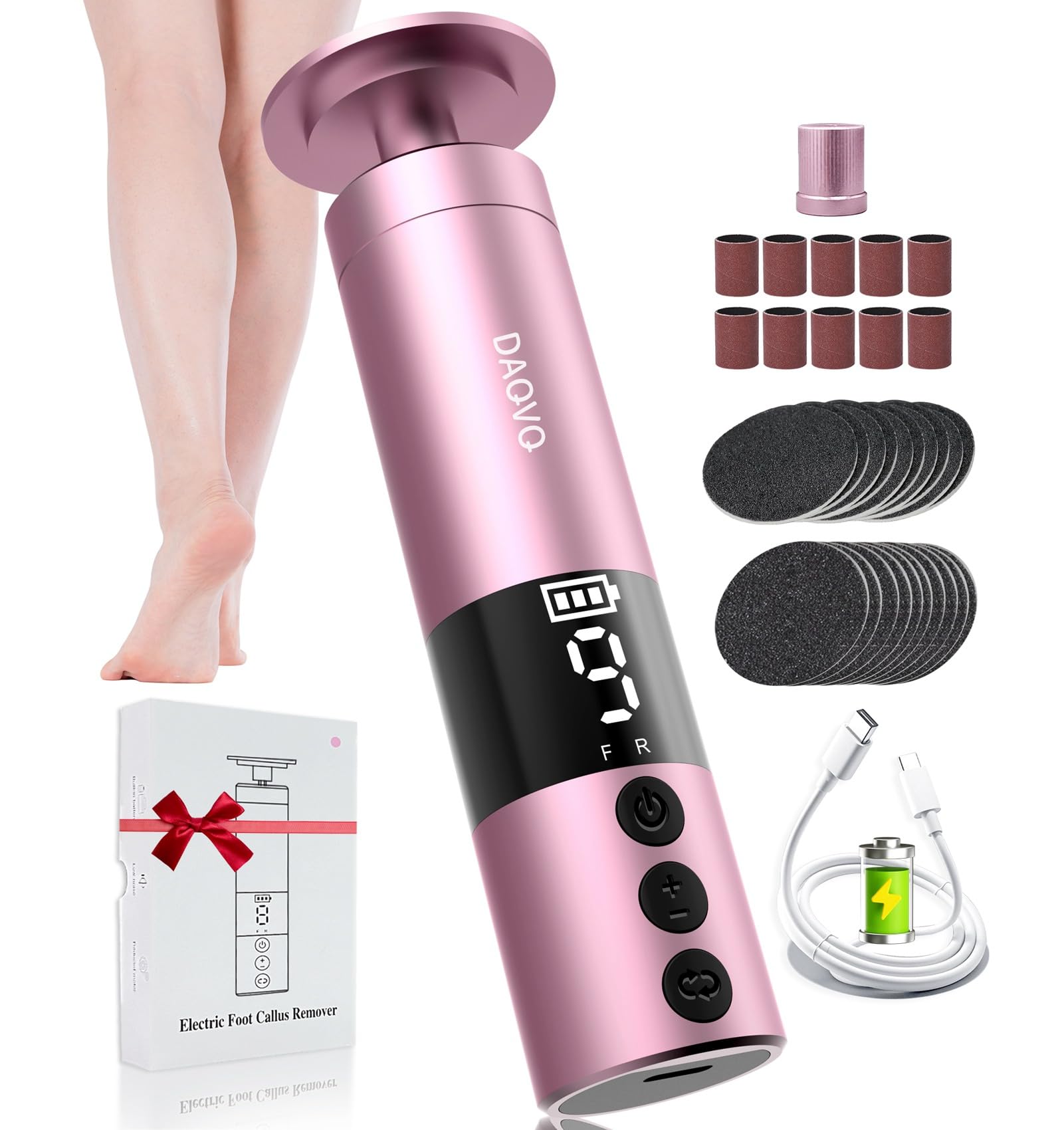 Photo 1 of 2 in 1 Electric Foot Callus Remover, USB Rechargeable Electric Foot File Grinder with 80/120 Grit Sandpaper Discs and Digital Display, Cordless Aluminum Pedicure Tools for Feet,Nail Care,Dead Skin