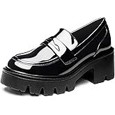 Black Penny Loafers for Women - Women's Slip-On Platform Patent Leather Loafers, Chunky Comfort Shoes for Work & Dressy Occasions