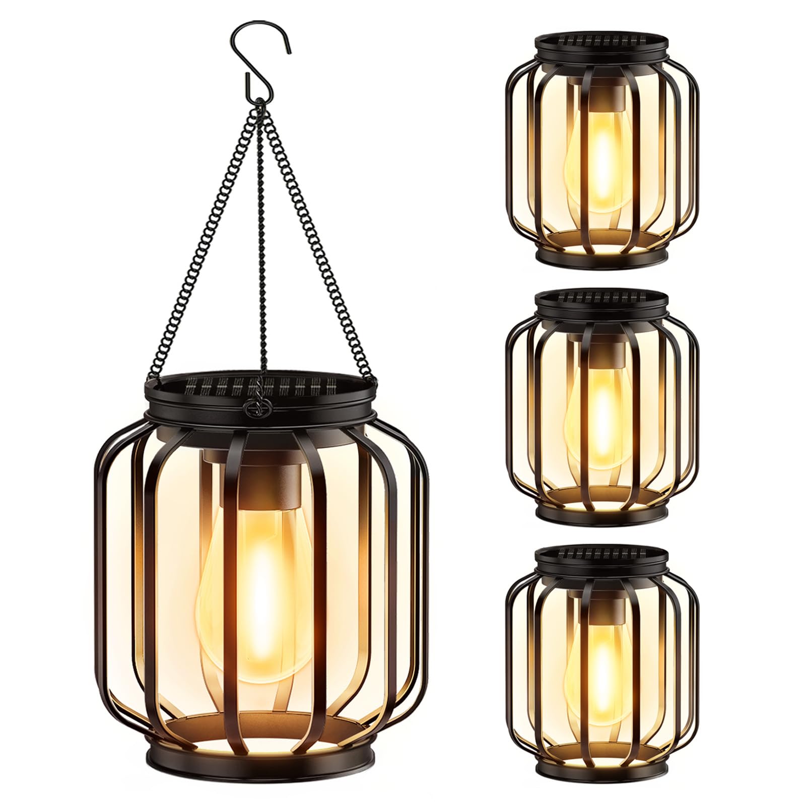 Photo 1 of Solar Hanging Lanterns Outdoor Waterproof: 4 Pack Metal Solar-Powered Lights with Hook, Bright Warm Lantern Decor for Outside, Classic Outdoor Lighting for Yard Garden Patio Porch Balcony Decorations