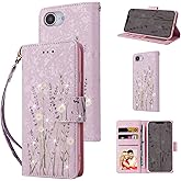 UEEBAI Wallet Case for iPhone 16e, PU Leather Phone Cover Kickstand RFID Blocking Flip Case Card Slots Wrist Strap Relief Engraved Pattern Magnetic Closure Flower Folio Wallet, Lavender