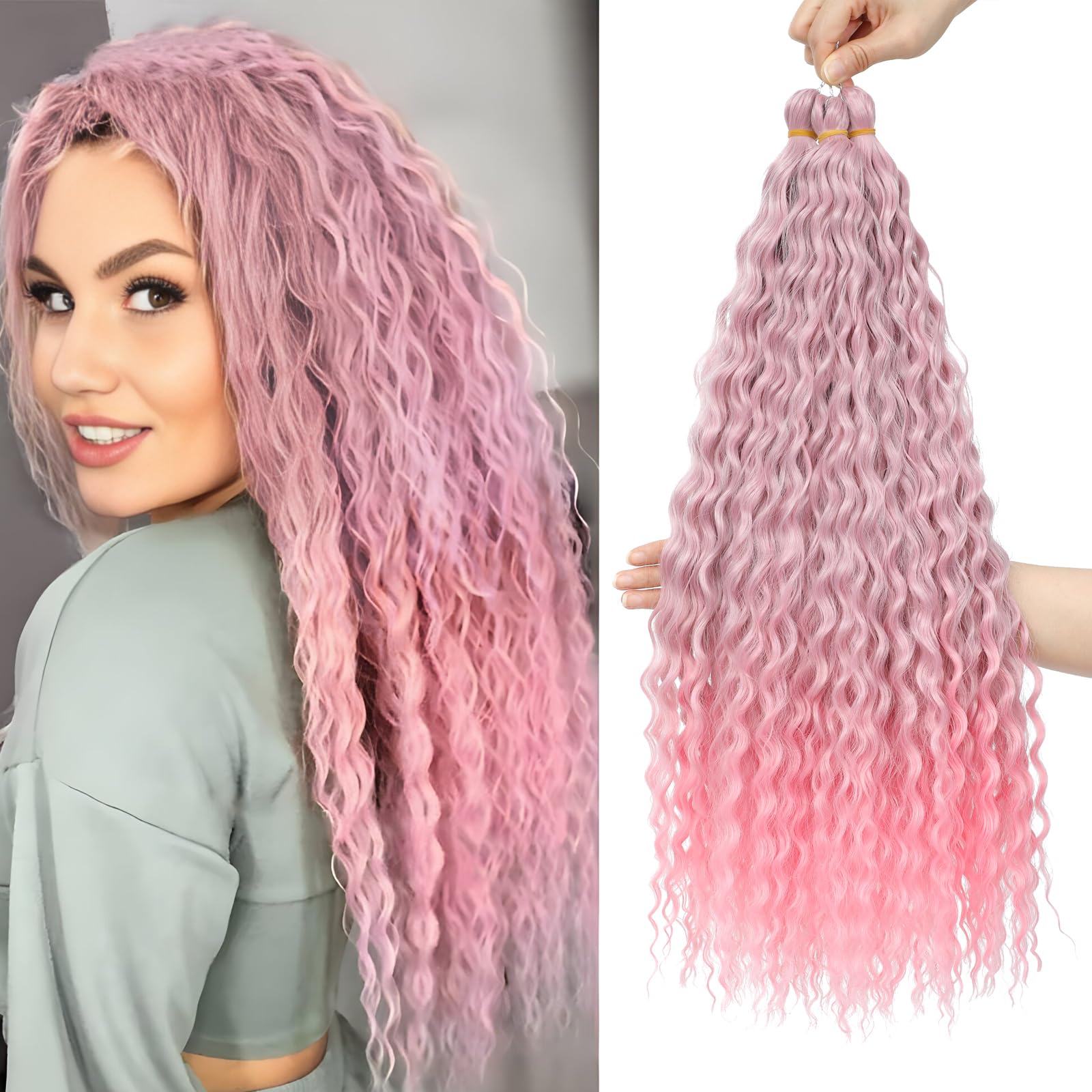 FANLUTYIN 22 Inch Curly Crochet Braiding Hair 3 Packs Ocean Wave Crochet Hair Extensions Deep Wave Synthetic Braiding Hair Curls Hair Twist Water Wave Braided Hair (TGPink12#, 22 Inch 3 Packs)