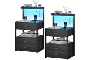 AOGLLATI Nightstand Set of 2 with Charging Station and LED Lights, Bedside Table with 3 Drawers and Open Storage Shelves, 2 USB Ports and 2 AC Outlets, LED Night Stand for Bedroom, 2 Pack, Black