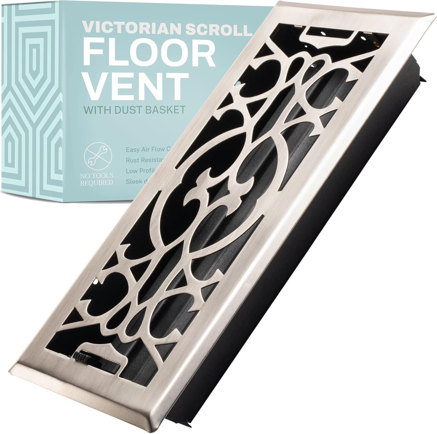 Registers, Grilles & Vents - Home Intuition Victorian Scroll 2x12 Inch Decorative Floor Register Vent with Mesh Cover Trap, Satin Nickel