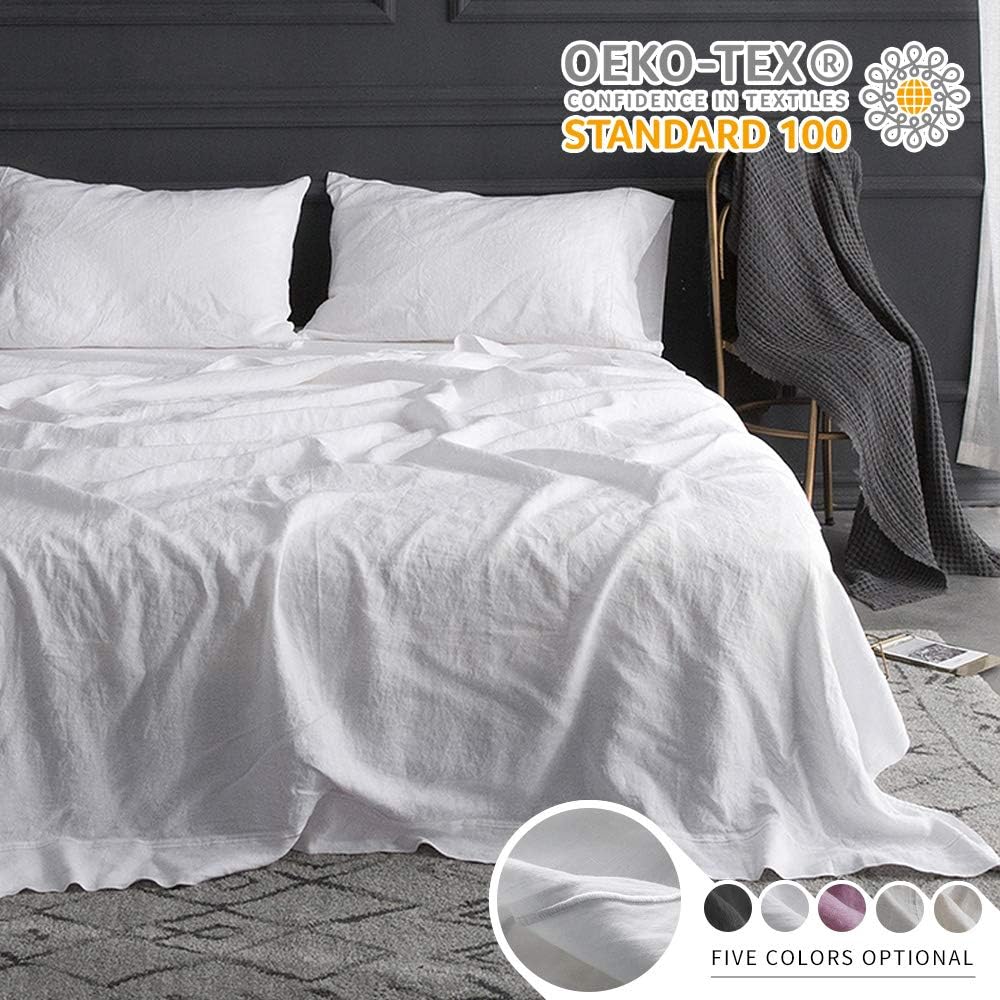 Simple&Opulence 100% Linen Sheet Set with Embroidery Stone Washed - 4 Pieces (1 Flat Sheet & 1 Fitted Sheet & 2 Pillowcases) Natural Flax Soft Bedding Breathable Farmhouse - White, Full Size