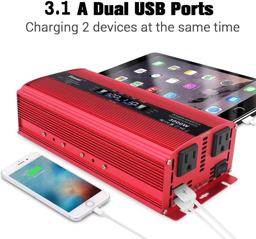 Yinleader Power Inverter 1500W/3000W(Peak) DC 12V to 110V AC Converter with Intelligent LCD Display Dual AC Outlets Dual USB Charger for for RV Caravan Truck Laptop(Red): Car Electronics